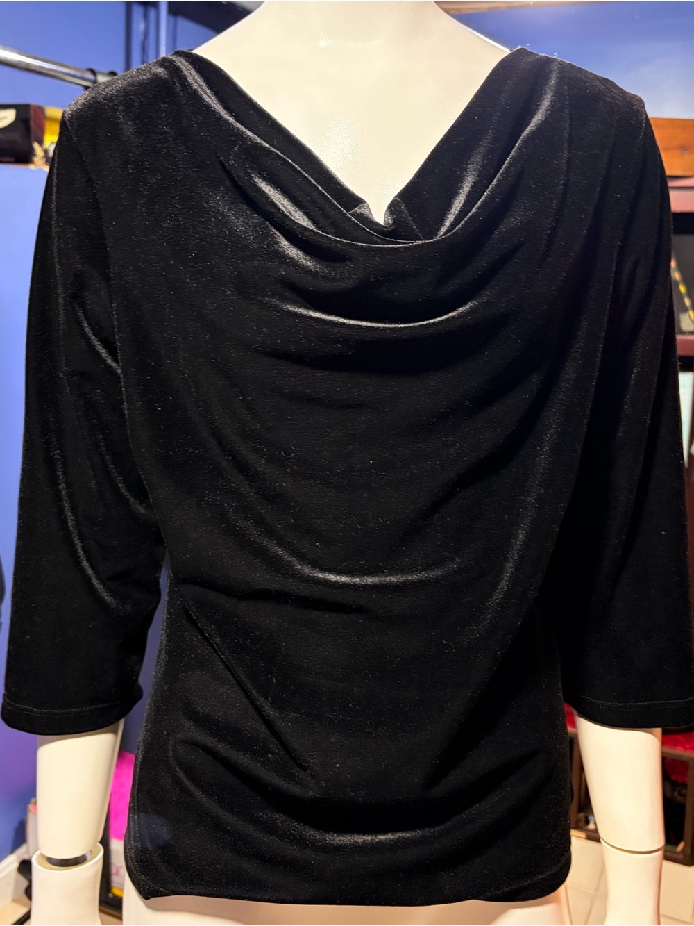 Black Draped Neck Women's Velvet Cowl Neck 3/4 Sleeve No Tags Fits like a Small